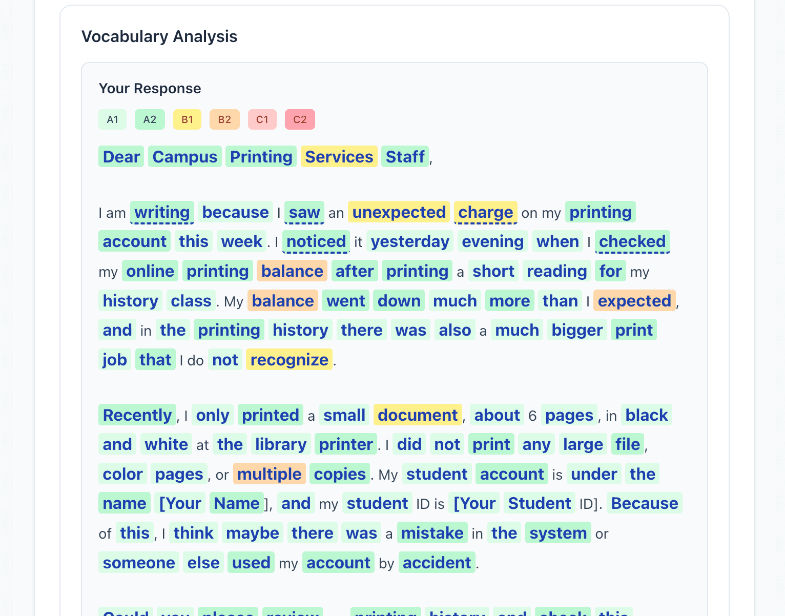 Vocabulary analysis with color-coded CEFR word tags