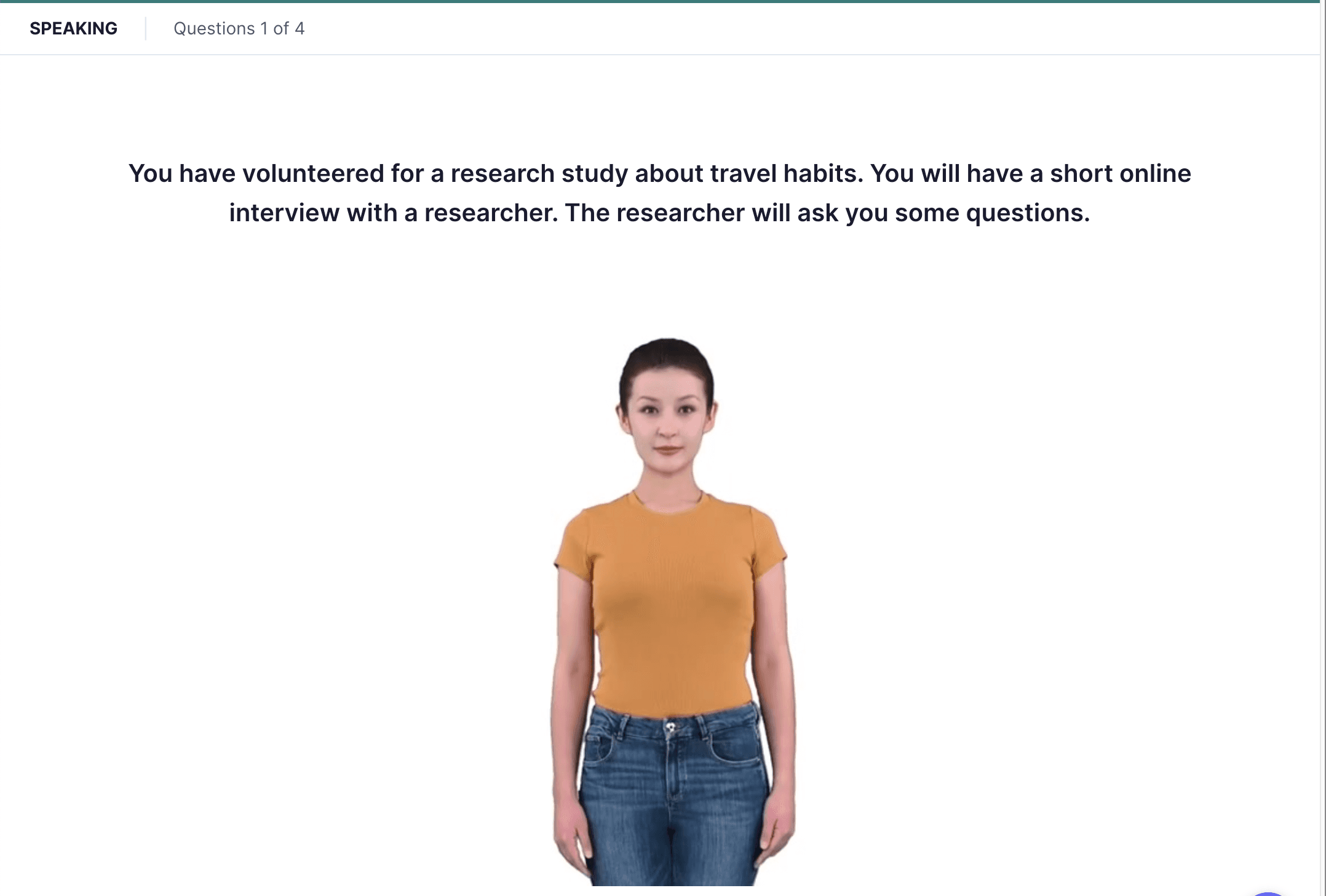 Seyahat alışkanlıkları hakkında açık uçlu bir soru soran ve kayıt düğmesi bulunan Take an Interview konuşma görevinin ekran görüntüsü