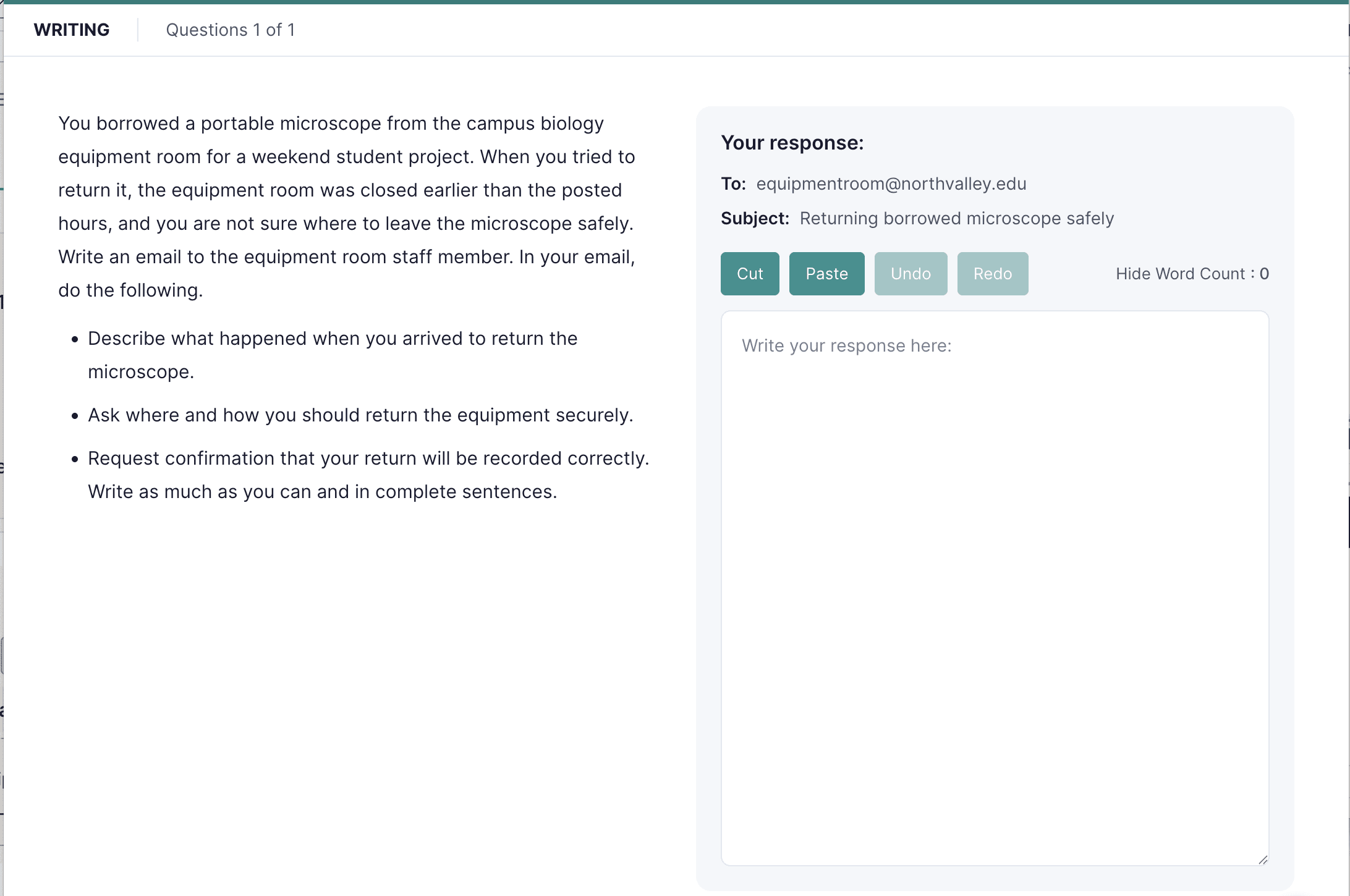Taşınabilir bir mikroskobun iadesi hakkında bir senaryoyu ve boş bir e-posta yazma alanını gösteren Write an Email yazma görevinin ekran görüntüsü