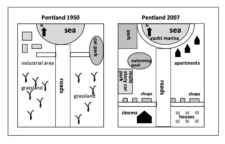 Maps showing Pentland in 1950 and 2007
