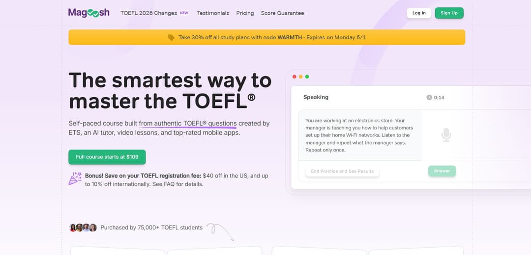 A screenshot of Magoosh's homepage