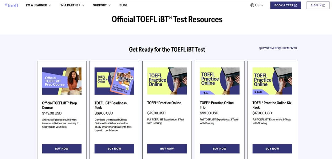 A screenshot of ETS' Official TOEFL iBT Test Resources page