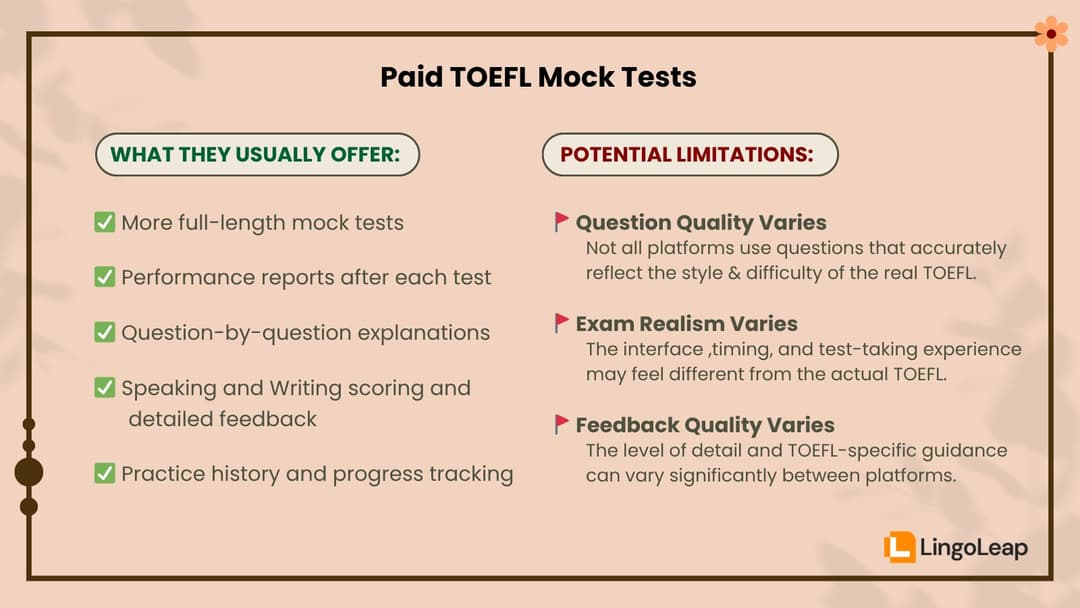 Comparison of paid TOEFL mock test benefits and drawbacks, including full-length practice tests, Speaking and Writing feedback, performance reports, and platform quality differences.