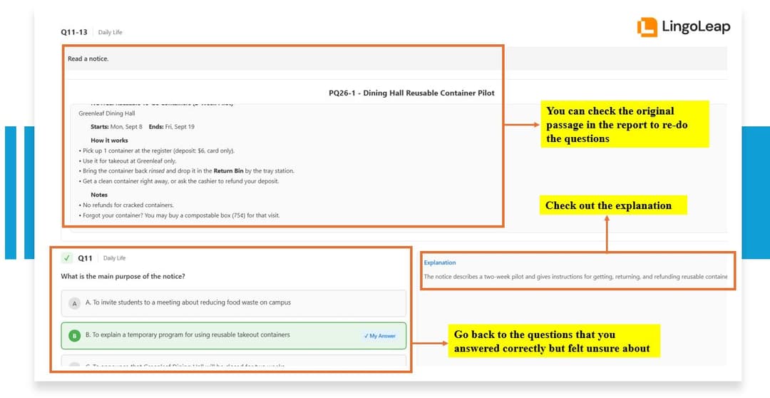 LingoLeap's TOEFL Reading review page showing the original passage, question, selected answer, explanation, and review tools to revisit questions after a mock test.