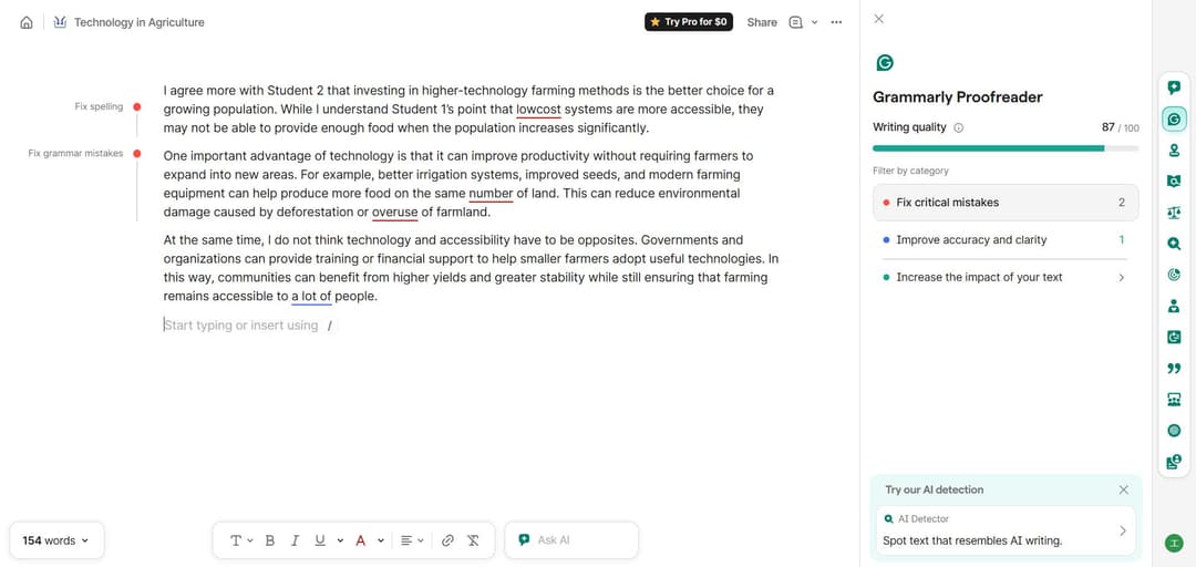 A screenshot of Grammarly's proofreading page
