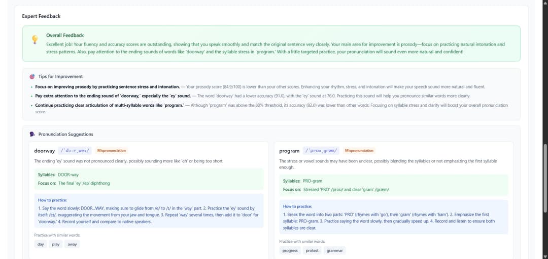 LingoLeap's TOEFL Speaking feedback report showing overall assessment, personalized improvement tips, pronunciation analysis, and word-level pronunciation practice recommendations after a mock test.