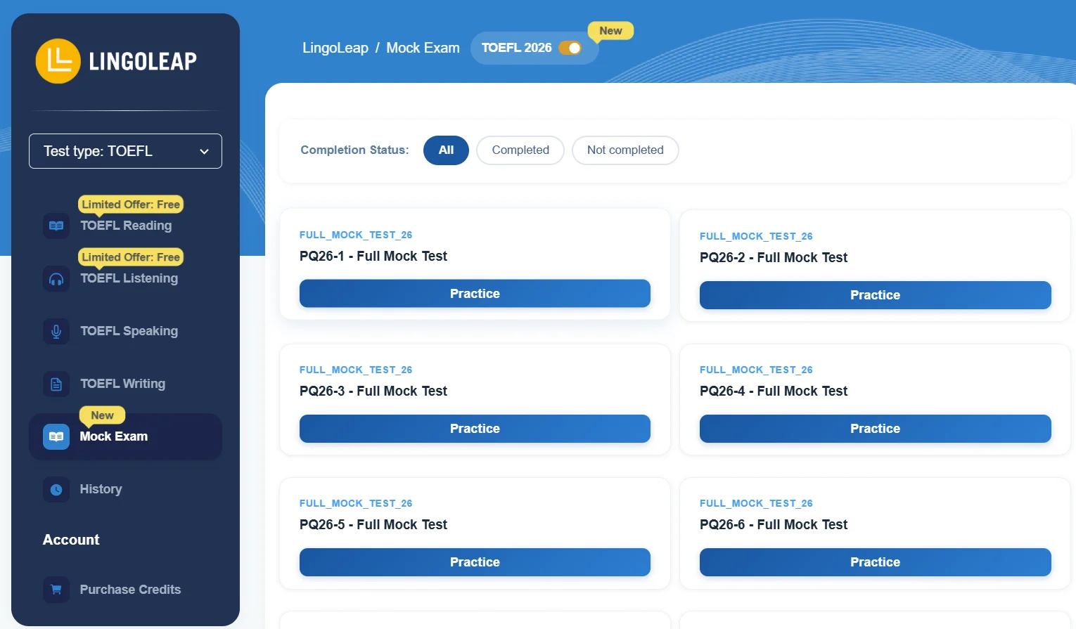LingoLeap TOEFL 2026 Mock Exam dashboard showing six full mock tests labelled PQ26-1 through PQ26-6 with Practice buttons