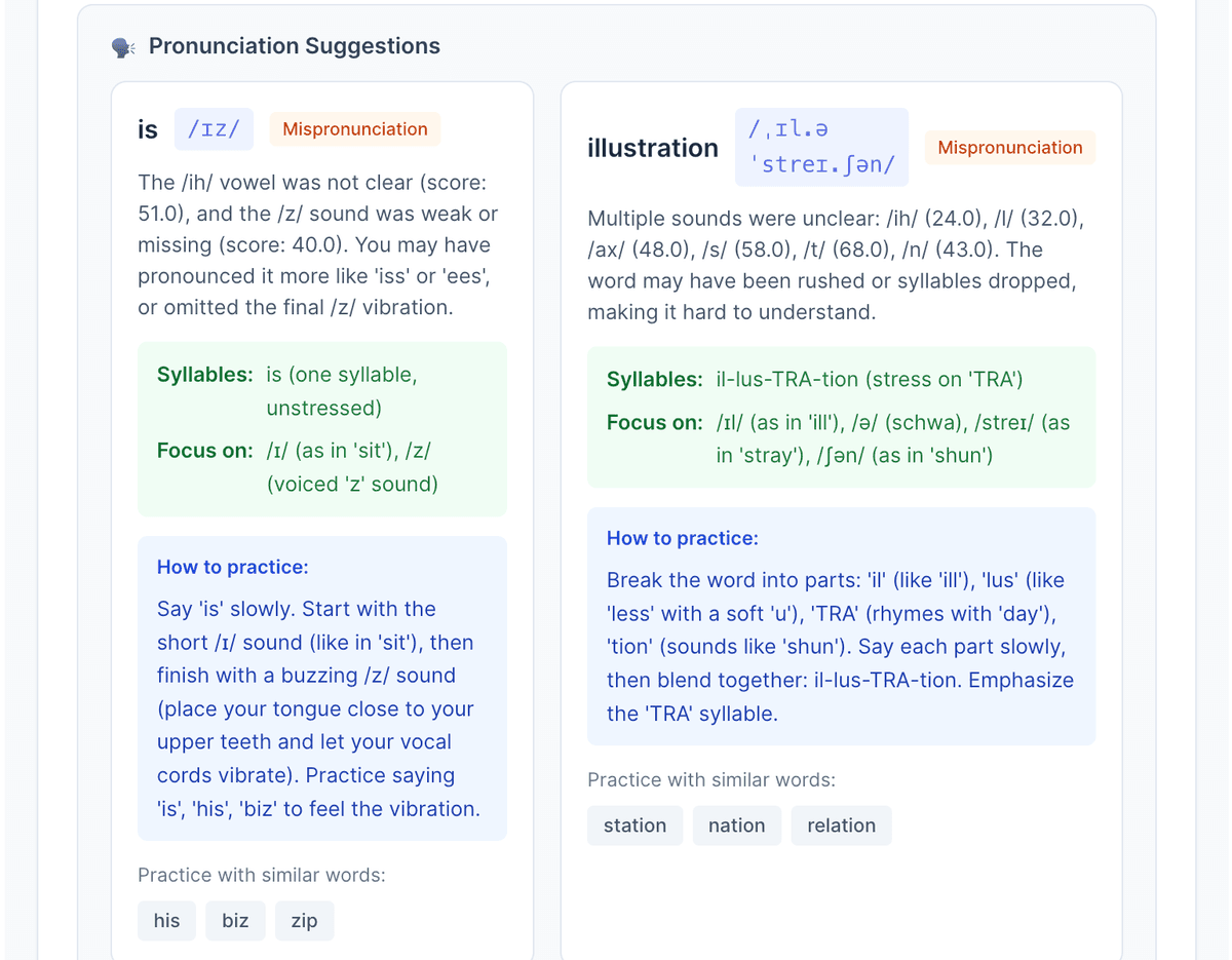 AI pronunciation suggestions with syllable breakdown