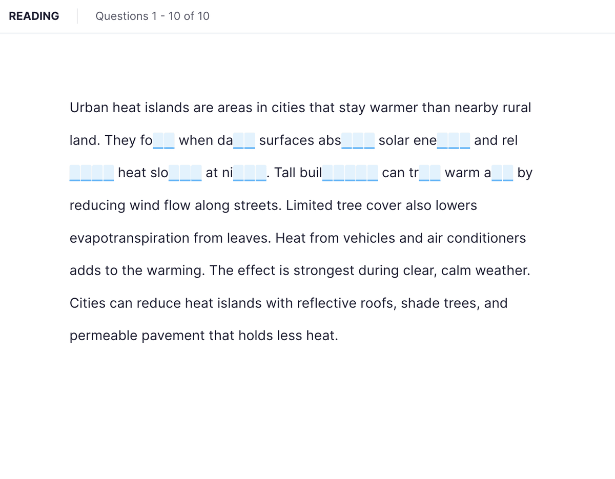 TOEFL 26 Reading — Complete the Words task interface