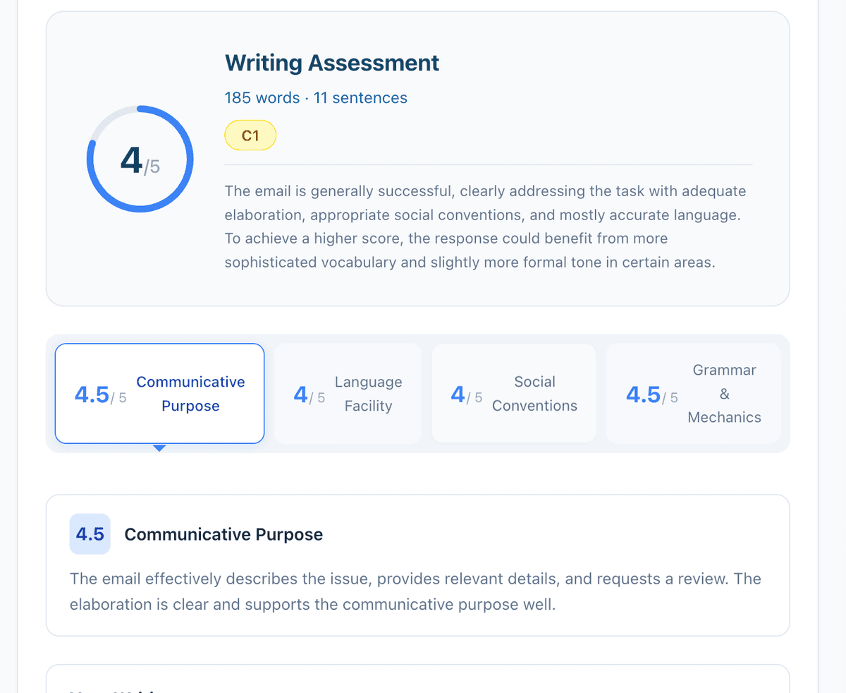 AI Writing assessment score with rubric breakdown