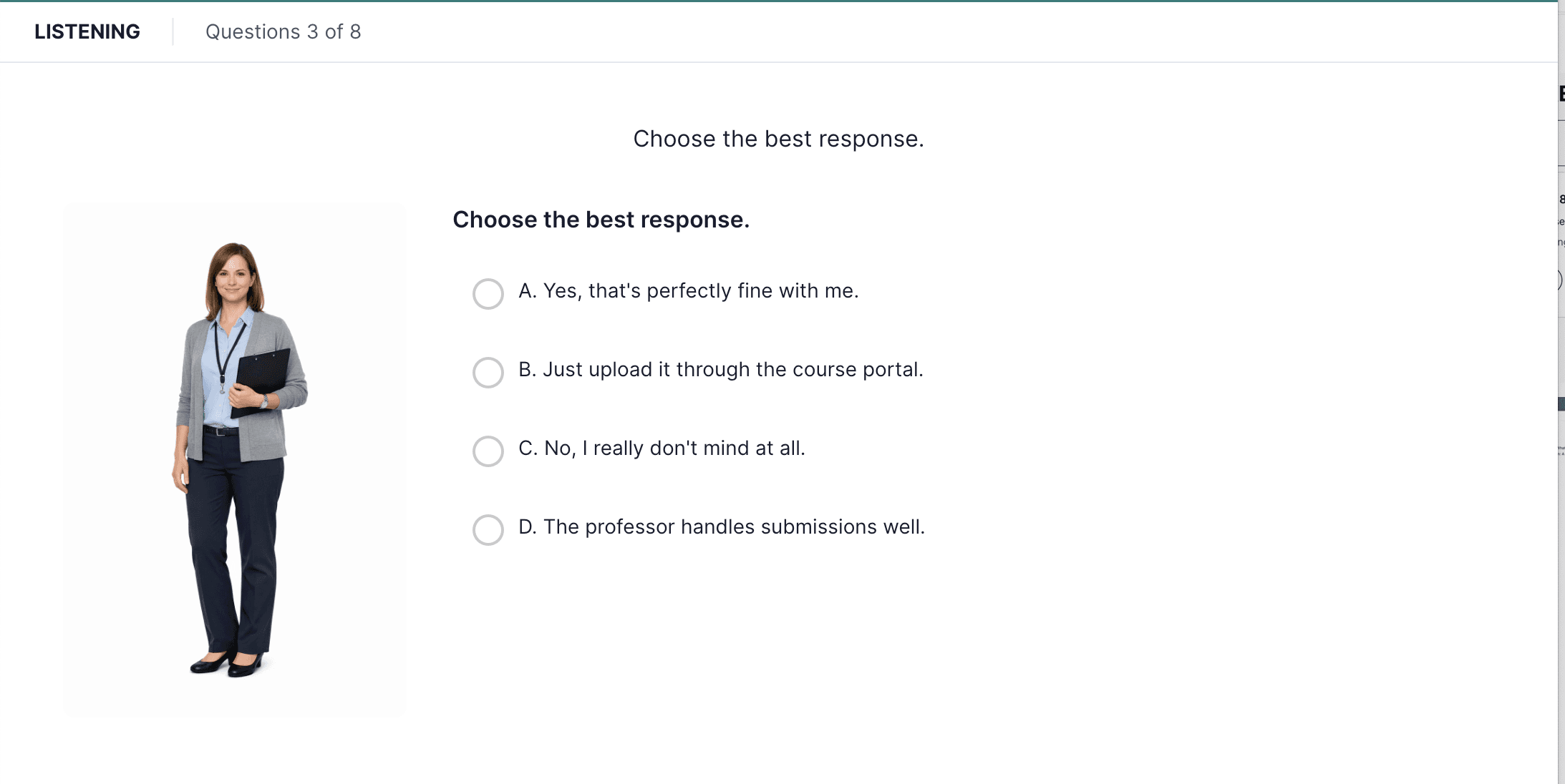 대화 프롬프트와 4개의 객관식 응답 선택지가 있는 Choose a Response 리스닝 태스크 스크린샷