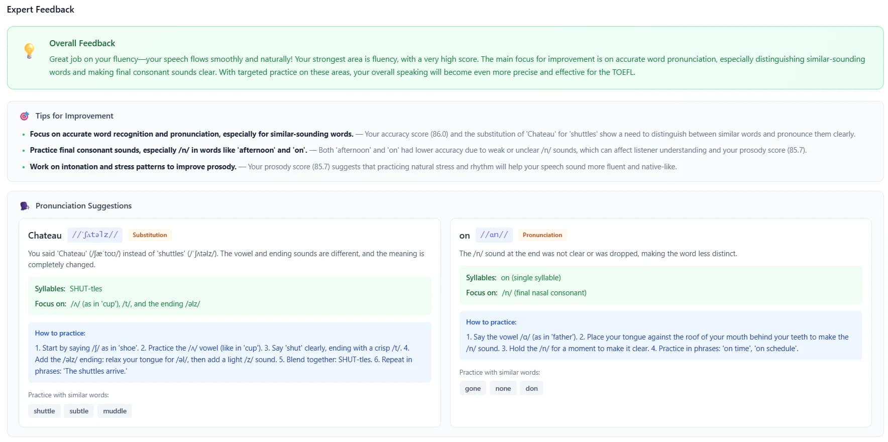 LingoLeap Speaking AI feedback report — Expert Feedback panel showing overall feedback on fluency, naturalness, and pronunciation, plus per-word pronunciation suggestions for Chateau and set with syllable breakdown, focus area, common errors, and practice prompts
