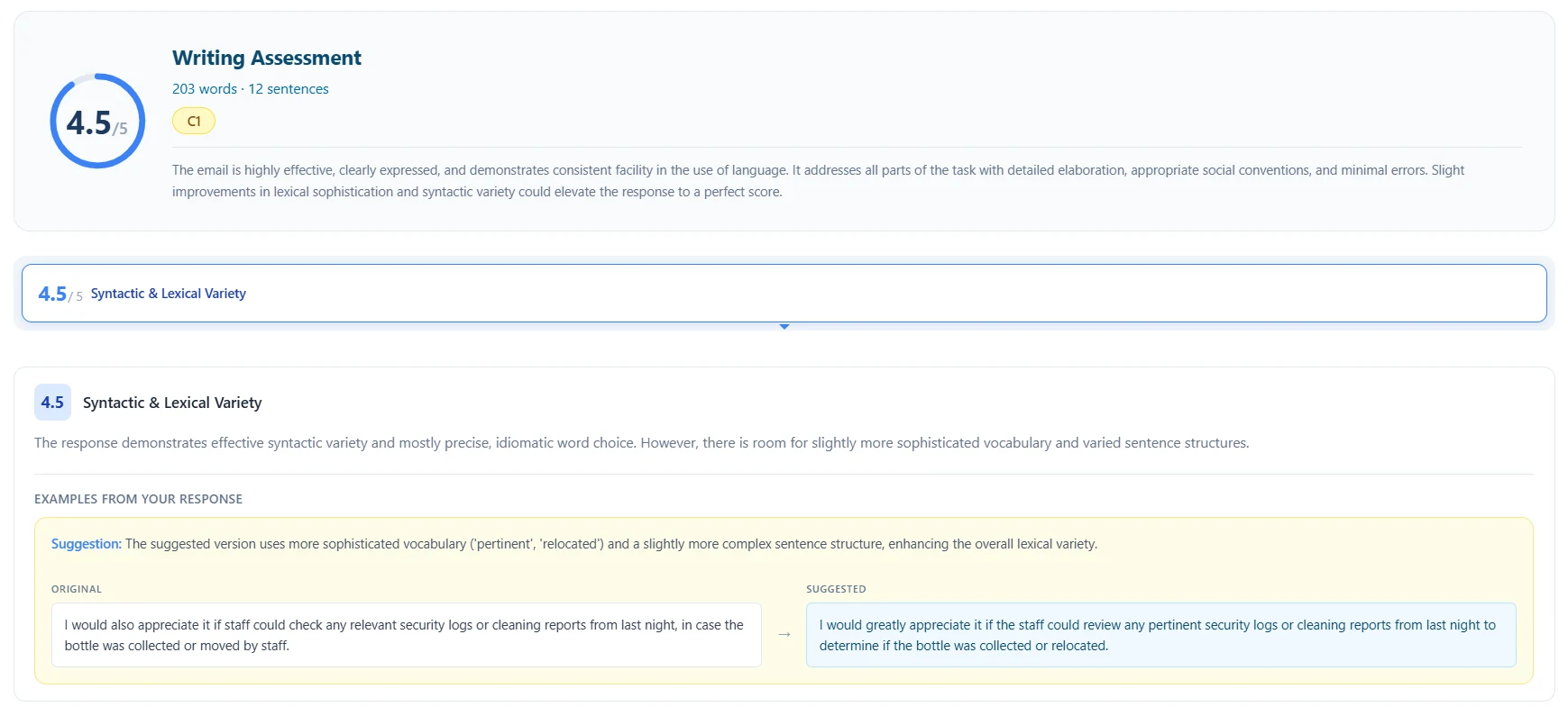 LingoLeap Writing AI feedback report — Writing Assessment 4.5 of 5 with C1 CEFR level on a 203-word email response, plus a Syntactic & Lexical Variety panel showing an original sentence and a more sophisticated suggested rewrite using pertinent and relocated