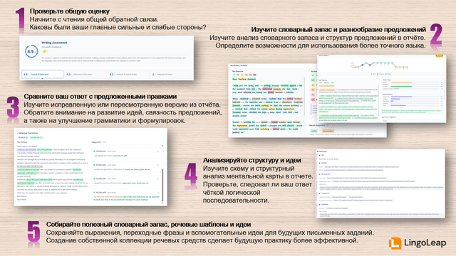 Инфографика, показывающая, как разбирать результаты пробного теста TOEFL по Writing, анализируя общую обратную связь, использование лексики, разнообразие предложений, исправленные ответы, организацию текста и повторяемые языковые конструкции.