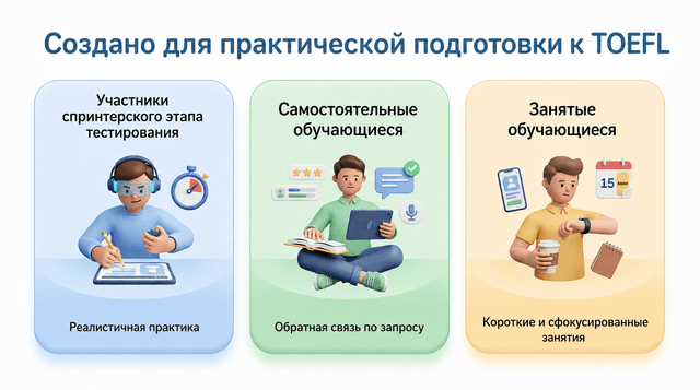 An infographic showing three types of TOEFL learners. The first panel, “Sprint‑Phase Test Takers,” depicts a person with headphones writing on a tablet, labeled “Realistic practice.” The second panel, “Self‑Study Learners,” shows a person with a laptop and study icons around them, labeled “On‑demand feedback.” The third panel, “Busy Learners,” features a person checking a smartwatch with a coffee cup, labeled “Short, focused sessions.”