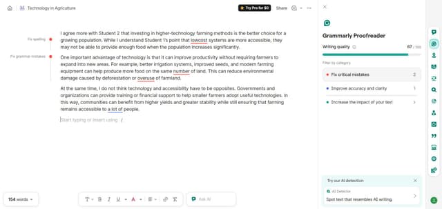 A screenshot of Grammarly's proofreading page