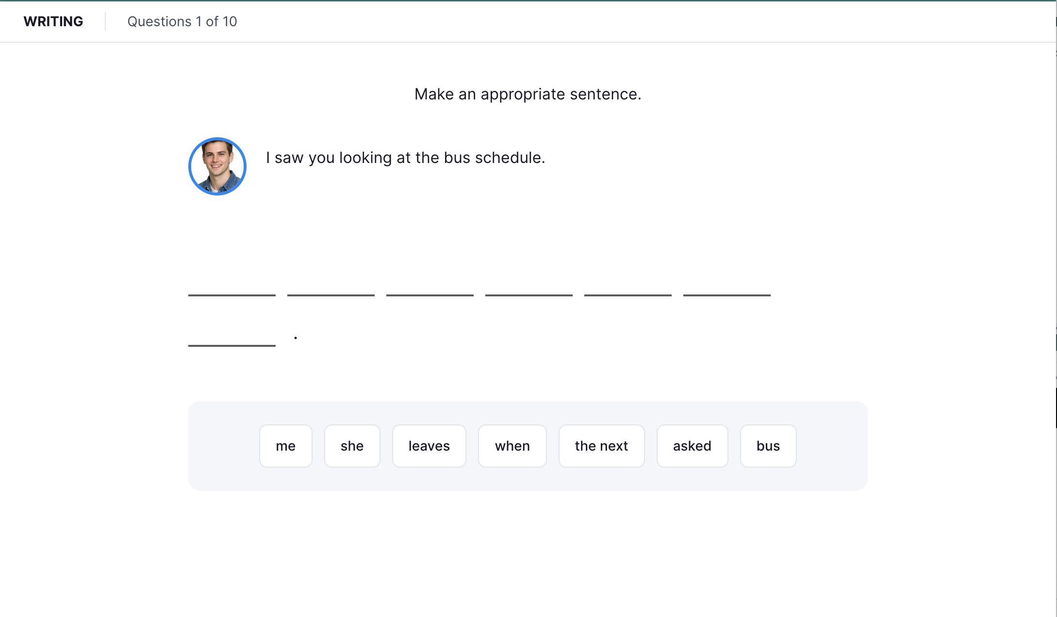 TOEFL 2026 Writing task 'Build a Sentence' — word rearrangement interface