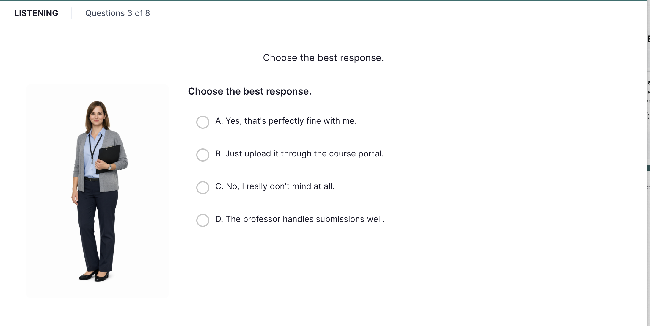 TOEFL 2026 Listening task 'Listen and Choose a Response' — multiple-choice response selection