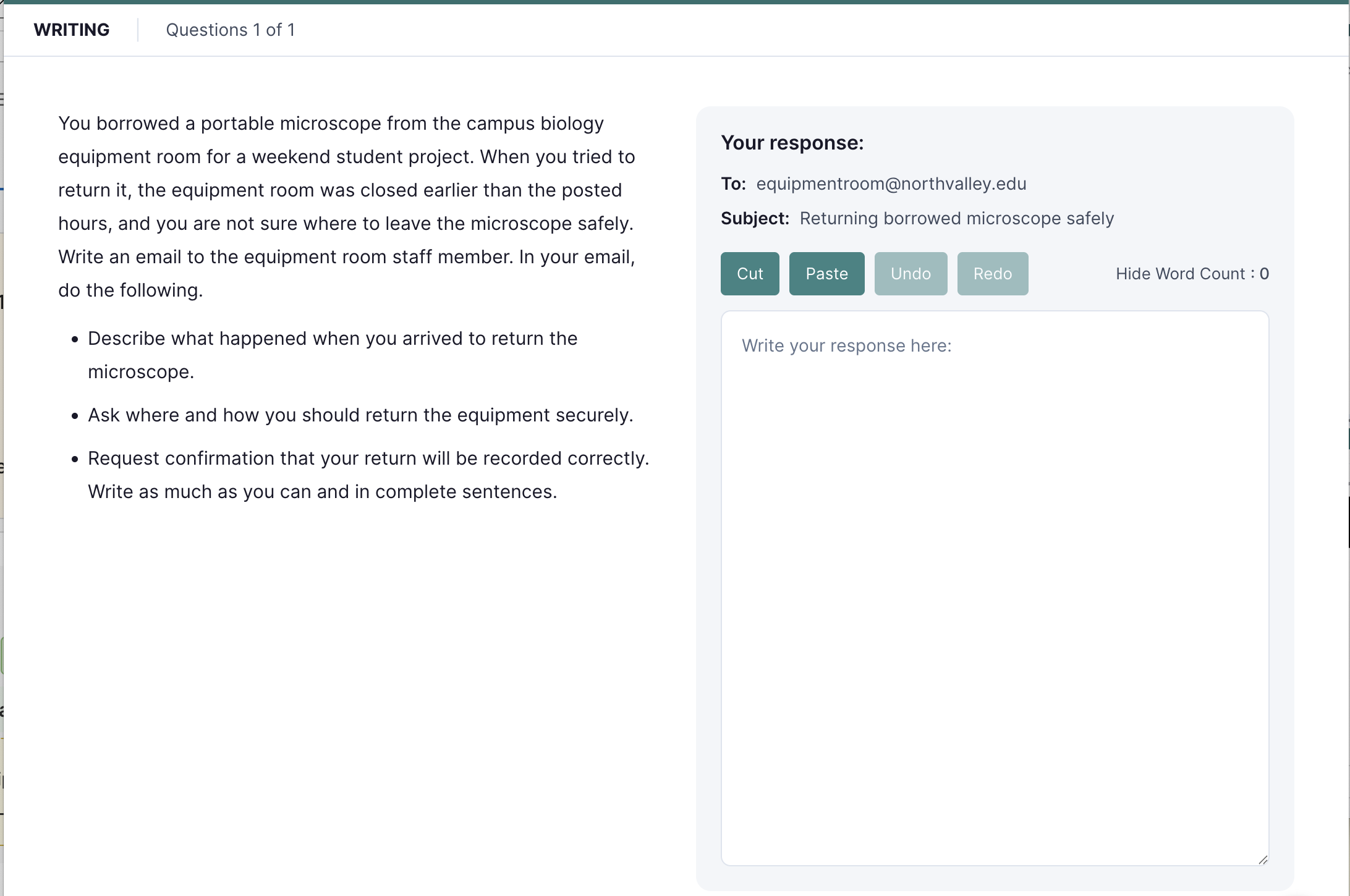 TOEFL 2026 Writing task 'Write an Email' — email composition interface